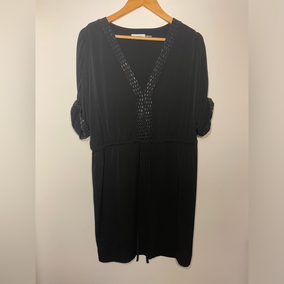 40-Calvin Klein Short Sleeve Midi Black Dress with Beading Size 12 - Picture 1 of 11